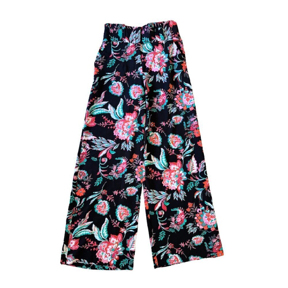 Black Women's Dress Pants Pink Teal Floral Print Stretchy Wide Leg Elastic Waist